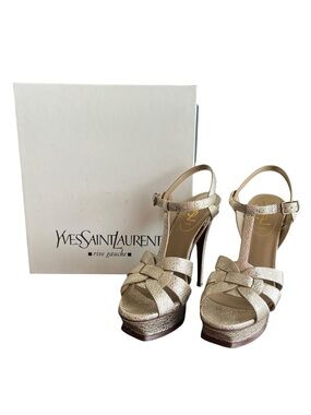 YSL Yves Saint Laurent Women’d Gold Metallic Tribute Strappy Platform Heels 37